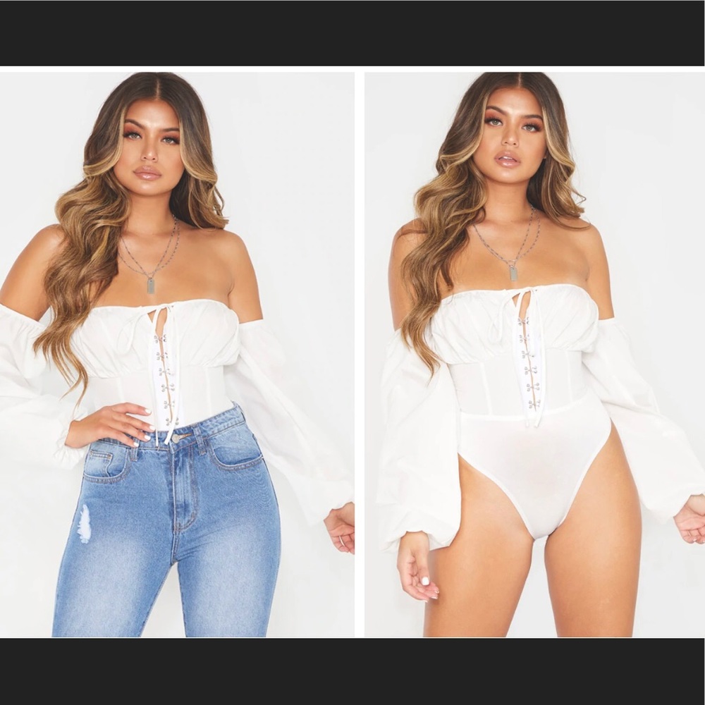 PLT White Hook & Eye Bardot Long Sleeve Bodysuit